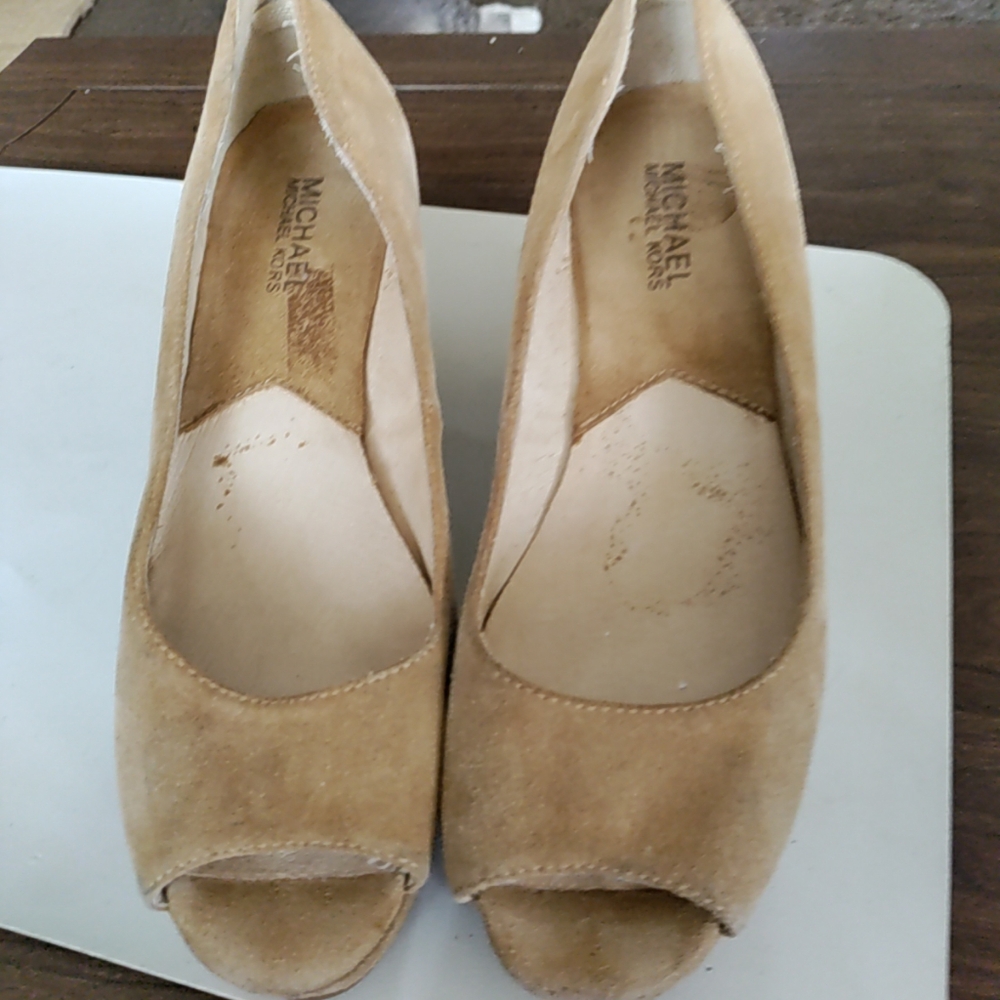 MICHAEL Michael kors Tan suede, open toe, wedge high heel